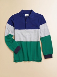 A wide striped pattern updates the classic pique polo with logo chest appliqué for your mini-me's handsome style.Shirt collarLong sleeves with ribbed cuffsButton-frontSide-vented hemCottonMachine washImported Please note: Number of buttons may vary depending on size ordered. 