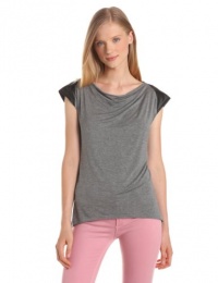 C&C California Women's Stretch Cap Sleeve High Loww Tee With Faux Leather Trim, Slate Heather Grey, Medium