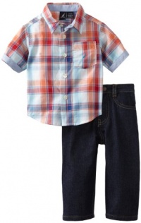 Nautica Sportswear Kids Baby-boys Infant Short Sleeve Woven Shirt with Denim Jean, Peachy, 24 Months