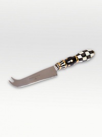 A beautifully handcrafted stainless steel knife with a ceramic handle in a checkerboard juxtaposition of ivory and onyx with gold luster. A stunning kitchen classic is fired three times for added strength to last a lifetime. Arrives in a satin-lined box Hand-painted and glazed 8½ long Hand wash Made in USA 