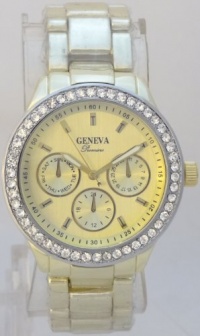 Geneva Quartz Chronograph-style Look Rhinestone on Bezel Gold Metal Band