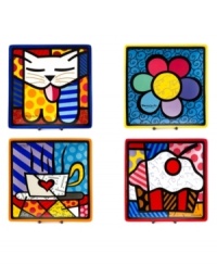 A work of art, these vividly hued, wildly patterned dessert plates showcase the one-of-a-kind style of world-renowned Brazilian pop artist Romero Britto. Featuring four unique designs.