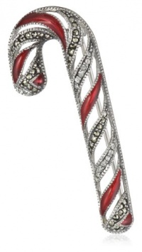 Judith Jack Winter Sparkle Sterling Silver Marcasite and Enamel Giftable Candycane Brooch