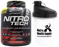 MuscleTech Nitro-Tech Performance Series Strawberry Whey Protein Isolate 4 lbs + Nutra Health Supply Shaker 22oz w/ Built-In-Stainer