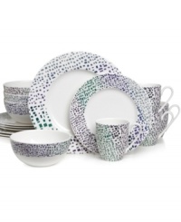 Celebrate every meal with confetti-patterned Esplanade dinnerware by Mikasa. White porcelain sprinkled with blue, green and purple inspires fun and, thanks to unparalleled durability, makes prep and cleanup pain free.