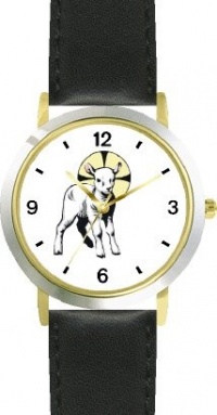 The Lamb with Halo Christian Theme - WATCHBUDDY® DELUXE TWO-TONE THEME WATCH - Arabic Numbers - Black Leather Strap-Women's Size-Small