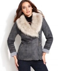 A faux-fur collar and faux-shearling trim adds the look of luxe to this faux-suede GUESS jacket -- a chic fall cover up!