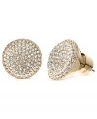 The bold standard. Crafted from gold ion-plated steel, this pair of concave stud earrings from Michael Kors simply dazzles with glass pave accents. Approximate diameter: 1/2 inch.