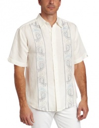 Cubavera Men's Short Sleeve Linen Blend Printed Panel And Embroidered Paisley Design