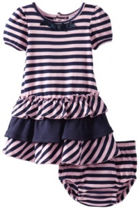 Hartstrings Baby-girls Infant Cap Sleeve Knit Dress With Coordinating Diaper Cover, Navy/Pink Stripe, 12 Months