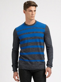 An artful approach to a simply stylish crewneck sweater, striped and woven in a fine blend of wool and linen.CrewneckRibbed knit collar, cuffs and hem38% wool/35% acrylic/15% linen/12% alpacaDry cleanImported