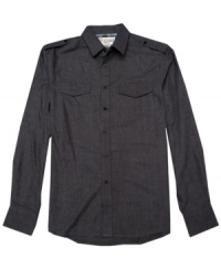 An edgy embroidered design decorates the back of this handsome button down by No Retreat.