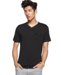 Upgrade your casual style with this v-neck t-shirt with tonal striping and epaulet details from Kenneth Cole Reaction.