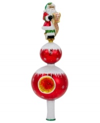 The new star of your tree, the Wishful Thinking finial from Christopher Radko is a balancing act featuring Santa atop two ball ornaments. A bright red hue and classic reflector add to its brilliance.