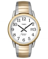 Elevate your style with this Timex watch featuring a goldtone and silvertone stainless steel expansion bracelet and round mixed metal case. White dial with black numerals, logo and date window. Analog movement. Water resistant to 30 meters. One-year limited warranty.