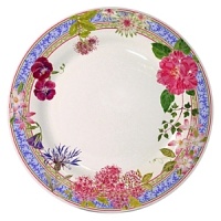 Millefleurs was inspired by flowers in a European garden as well as antique tableware. Its delicate renderings of pansies, roses, and thistles are blended with a vintage border in a contemporary color palette. Sophisticated, yet fresh and youthful. Dishwasher and microwave safe (for reheating only).