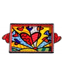 A lot to love, the Heart serving tray is shaped by the vivid colors and bold patterns of Brazilian pop artist Romero Britto. With sculpted handles.