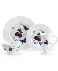 Ripe for the table, the Antique Countryside Fig place setting exudes charm with embossed vines and colorful nature scenes in traditional white stoneware. A lovely complement to Italian Countryside and Antique White dinnerware, also by Mikasa.