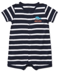 He will have a whale of a time in this cute and comfy bodysuit from Carter's. Has snaps at front and leg openings for easy changes.