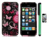 Crystal Pink Butterfly Flower On Black Premium Design Protector Hard Cover Case Compatible for Apple Iphone 5 (AT&T, VERIZON, SPRINT) + Screen Protector Film + Combination 1 of New Metal Stylus Touch Screen Pen (4 Height, Random Color- Black, Silver, Hot