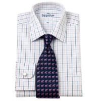 Savile Row Mens Navy Pink White Tattersall Check Regular Fit Dress Shirt Single Cuff Long