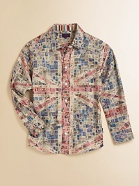 An array of stamps in a range of soft hues creates a graphic yet subtle Union Jack pattern on this charming button-down.Point collarLong sleeves with button cuffsButton front with single contrast buttonContrast stripes along the inner sleeves and collarCurved hemCottonMachine washImported of French fabricPlease note: Number of buttons may vary depending on size ordered. 