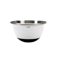 Mix dough, fold batters and whisk vinaigrettes with the GOOD GRIPS Stainless Steel Mixing Bowls from OXO. A non-skid bottom stabilizes bowls during mixing. The stainless steel interior retains temperature for chilling and marinating and a white plastic exterior shields hands from extreme temperatures. All sizes nest for easy mixing and cleaning.