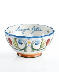 Old world country style and modern craftsmanship combine to bring you the Ricamo sentiment bowl. Carefully crafted in earthenware, this colorful piece is sure to lend a burst of extra life to your home. Features a bright, hand-painted motif and the phrase, Laugh Often. By Fitz and Floyd.