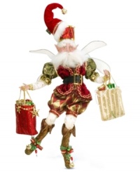 Dancing to the beat of his own drum, this Christmas Shopping fairy has outdone himself with bags of sparkling gifts for all. Use his flexible arms and legs to strike a pose on a side table or mantel. From Mark Roberts.