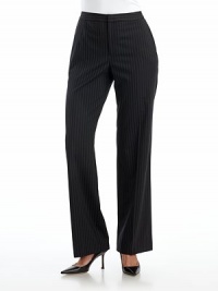 THE LOOKPinstriped woolExtended waistband with bar-and-hook plus button closureFront zipperSide slash pocketsTHE FITRise, about 10Inseam, about 33THE MATERIAL94% wool/5% elastane/1% polyesterCARE & ORIGINDry cleanImported