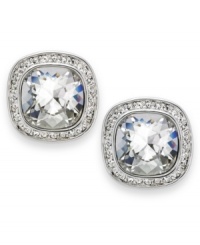 Brilliance when it's needed, by Swarovski. These classic pierced earrings flaunt a large clear crystal surrounded in clear crystal pave. Crafted in rhodium-plated mixed metal. Approximate diameter: 5/8 inch.