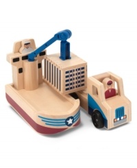 The container ship is pulling into port. Time to unload the cargo! Children can help the captain and driver lift the cargo box, swivel the crane and load the truck with this multi-vehicle play set. Each high-quality piece offers tremendous play value - from the container ship with its lift-and-swivel crane, to the tough truck with smooth-rolling wheels, to the easy-hitch container box that slides open and closed.