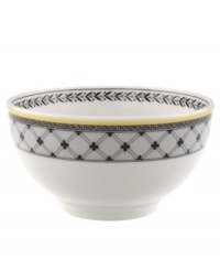 Audun's accessory pieces coordinate with the yellow, black, and white mix-and-match dinnerware pattern. In Ferme, featuring a quaint French farm scene.