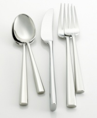 The Malmo place settings collection from kate spade redefines modern tabletop style with precision lines and uniquely sloping, tube-like handles. The unique utensil design lets the knife rest on its edge and makes it easier to handle.