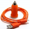 Orange 3ft 8 pin to USB Braided High Quality Durable Charging / Data Sync Cable + USB Car Adapter fits iPhone 5