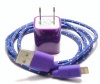 Purple 3ft 8 pin to USB Braided High Quality Durable Charging / Data Sync Cable + USB AC Wall Adapter fits iPhone 5