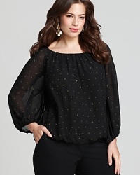 Gold-tone rhinestones punctuate the clean silhouette of this VINCE CAMUTO Plus blouse for a polished office essential with touch of punk.