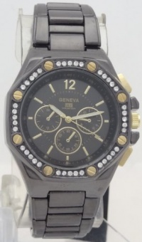 Geneva Quartz Knox Chronograph-style Look Two Tone Black N Gold Case Rhonestone Bezel