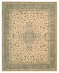 Premium-quality New Zealand wool yarns are specially dyed to create the vintage look of this traditional area rug. Emulating the look of vegetable dying, the Heritage Hall rug features a characteristically delicate color palette that brings a  regal aura to any room.