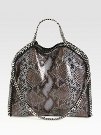 Whip stitched link chains accent this faux python print style.Double chain top handles, 4½ dropChain shoulder strap, 10½ dropMagnetic snap closureOne inside zip pocketFully lined14W X 13H X 3DMade in Italy