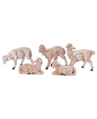 Make your Nativity set up even more special with this set of five white sheep, each in a different pose and with a unique facial expressions.