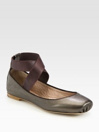 Metallic leather flat held in place by a comfortable, wrap-around strap. Metallic leather and elastic upperLeather lining and solePadded insoleMade in ItalyOUR FIT MODEL RECOMMENDS ordering true size. 