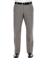 Flat front dress pants with two trouser pockets. Wool blend. Two welt pockets on back. Zip fly and hook closure.