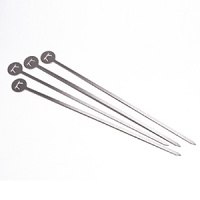 The Stainless Steel Skewers are 13.75. Set of four Forged Stainless Steel Construction. The flat blade skewers keep fare stable on the skewer for easy turning. Long length keeps your hands from the heat source.