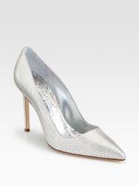 Glistening mesh adds textural appeal to this point toe pump in luxurious metallic leather. Self-covered heel, 4 (100mm)Metallic leather upper with mesh overlayPoint toeLeather lining and solePadded insoleMade in Italy