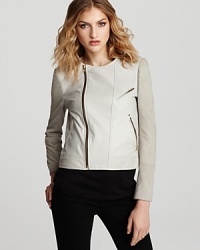 Lighten up your fall looks with this Rebecca Minkoff jacket in a mix of suede and leather in chic neutrals. Asymmetrical zippers lend city-street edge.