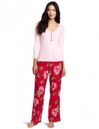 Betsey Johnson Women's Stretch and Flannel Pant Pajama Set, Present And Accounted For Heartbreaker, Small