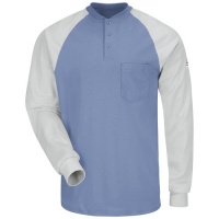 Bulwark Flame Resistant 6.25 oz Cotton Excel FR Long Sleeve Color-Block Tagless Regular Henley Shirt with Three Button Placket, Rib-Knit Cuff, Blue/Grey, Medium