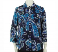 Jones New York Print Three Quarter Sleeve Shirt Aqua/Marine M