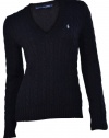 Polo Ralph Lauren Women's Cable Knit V-neck Black Sweater (Large)